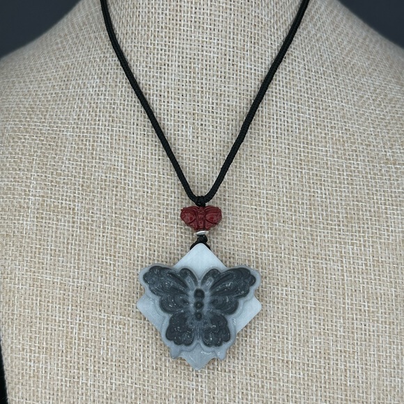 Tai Chi Stone Butterfly Pendant Necklace with Silver and Cinnabar on Rope - Picture 9 of 12